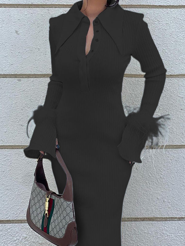 Momentlover Split-Joint Slightly Sheer Feathers Skinny Lapel Maxi Dresses