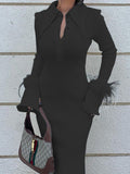Momentlover Split-Joint Slightly Sheer Feathers Skinny Lapel Maxi Dresses
