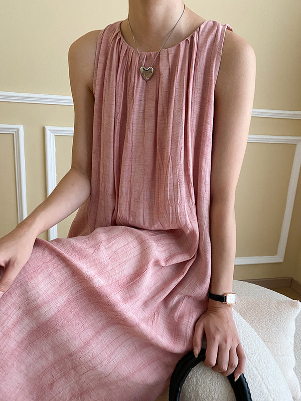 Momentlover Solid Color Pleated Sleeveless Loose Round-Neck Midi Dresses