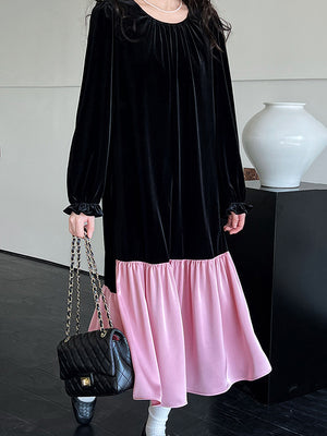 Momentlover Velvet Split-Joint Ruffled Pleated Contrast Color Loose Long Sleeves Round-Neck Midi Dresses