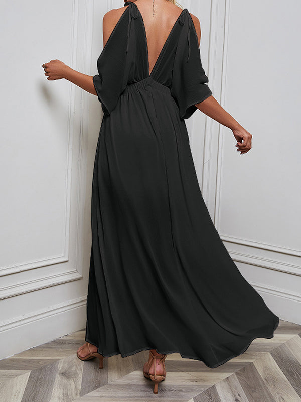 Momentlover Split-front Solid Color Loose Batwing Sleeves Deep V-Neck Maxi Dresses