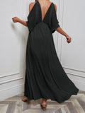 Momentlover Split-front Solid Color Loose Batwing Sleeves Deep V-Neck Maxi Dresses