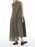 Momentlover Solid Color Pleated Sleeveless Loose Stand Collar Shirt Dress Midi Dresses