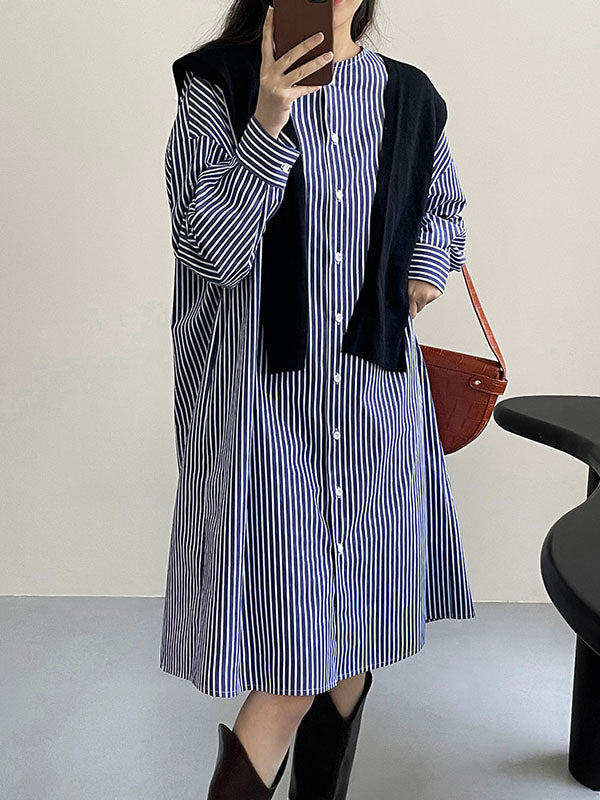 Momentlover Striped Raglan Sleeve Loose Round-Neck Shirt Dress Midi Dresses