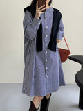 Momentlover Striped Raglan Sleeve Loose Round-Neck Shirt Dress Midi Dresses
