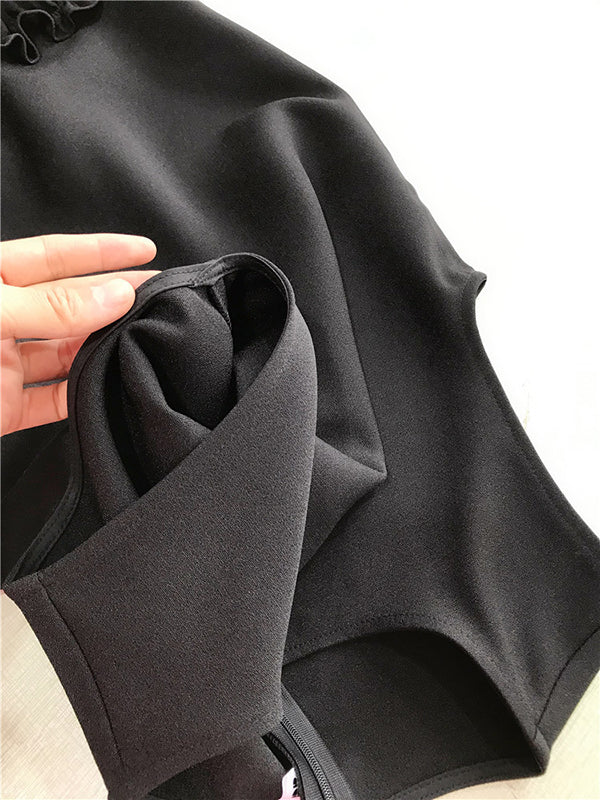 Momentlover Zipper Split-Joint Solid Color Falbala Sleeveless Loose Round-Neck Mini Dresses