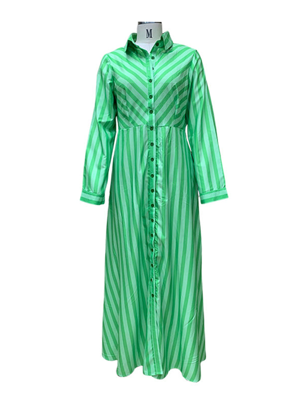 Momentlover Stylish Long Sleeves Striped Lapel Collar Maxi Dresses
