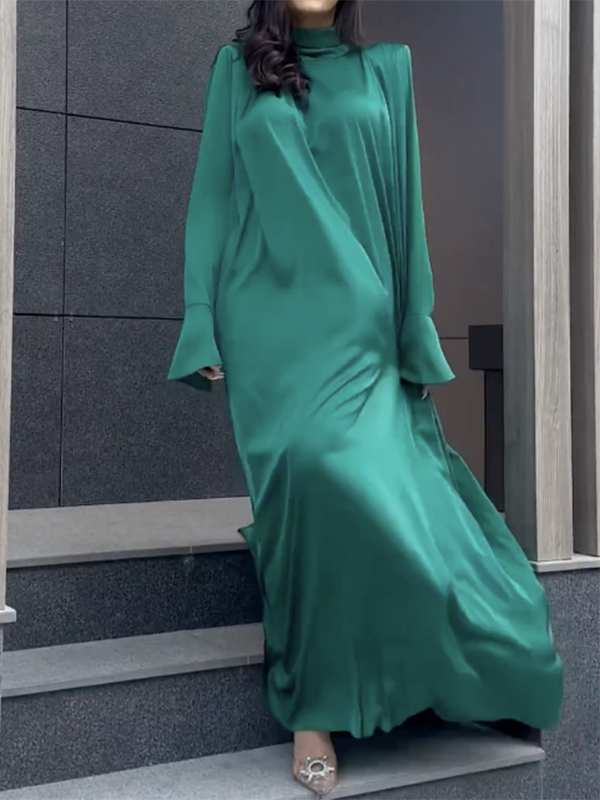 Momentlover Solid Color Loose Long Sleeves High-neck Maxi Dresses