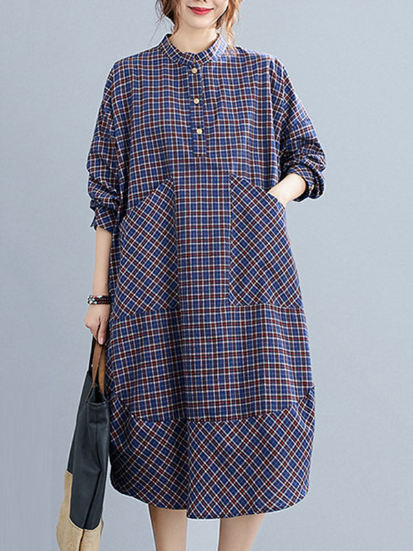 Momentlover Vintage Plaid Irregularity Shirt Dresses