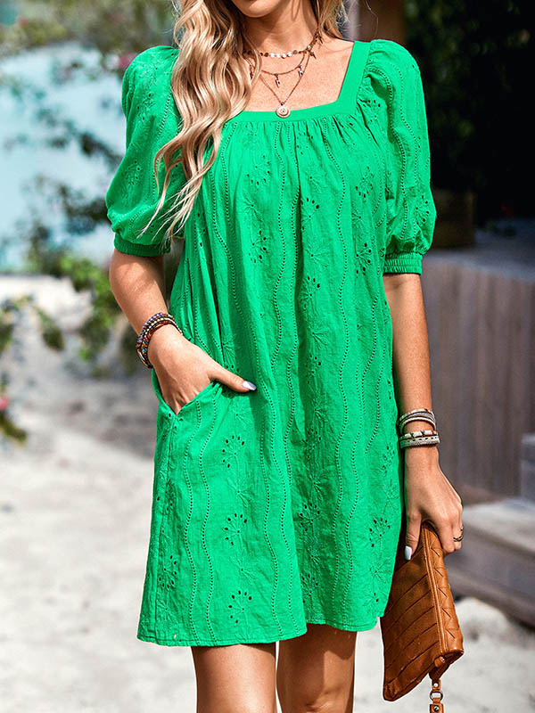 Momentlover Solid Color Jacquard Puff Sleeves Loose Square-neck Mini Dresses