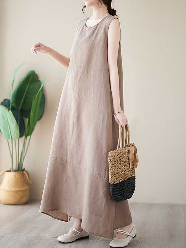 Momentlover Solid Color Sleeveless Loose Round-Neck Midi Dresses