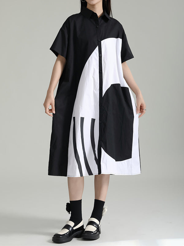 Momentlover Split-Joint Contrast Color Asymmetric Short Sleeves Loose Lapel Shirt Dress Midi Dresses