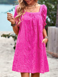 Momentlover Solid Color Jacquard Puff Sleeves Loose Square-neck Mini Dresses