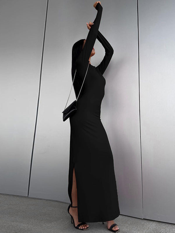 Momentlover Split-Side Solid Color Long Sleeves Bodycon Round-Neck Maxi Dresses