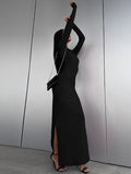 Momentlover Split-Side Solid Color Long Sleeves Bodycon Round-Neck Maxi Dresses