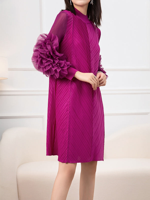 Momentlover Solid Color Pleated Embroidered Loose Long Sleeves Round-neck Midi Dresses