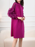 Momentlover Solid Color Pleated Embroidered Loose Long Sleeves Round-neck Midi Dresses