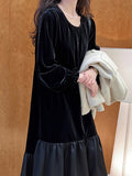 Momentlover Velvet Split-Joint Ruffled Pleated Contrast Color Loose Long Sleeves Round-Neck Midi Dresses