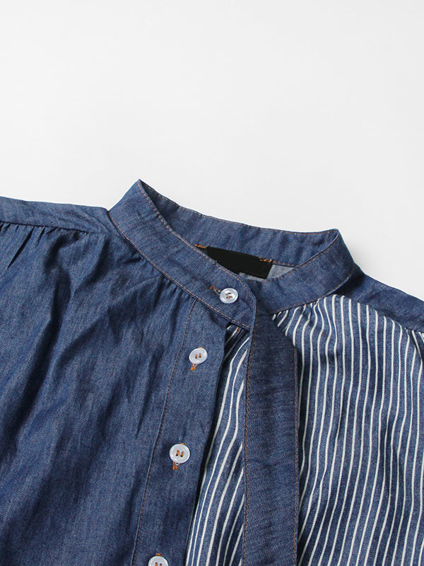 Momentlover Tied Waist Striped Split-Joint Contrast Color Buttoned Asymmetric Loose Long Sleeves Mock Neck Midi Dresses