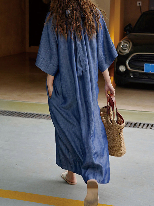 Momentlover Solid Color Pleated Lace-Up Drawstring Short Sleeves Raglan Sleeve Round-Neck Midi Dresses