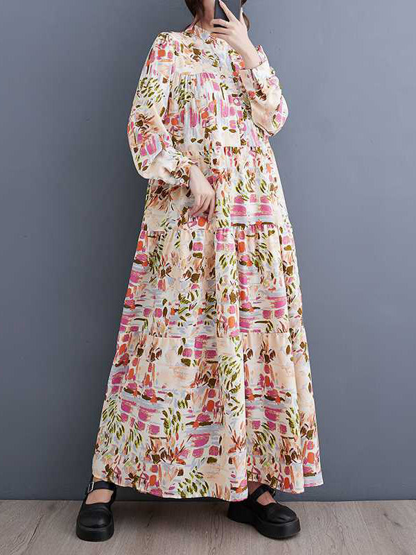 Momentlover Split-Joint Printed Pleated Loose Long Sleeves Stand Collar Shirt Dress Midi Dresses