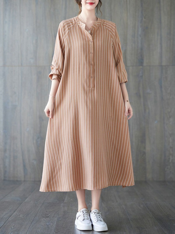 Momentlover Striped Split-Side Buttoned Loose Long Sleeves Round-Neck Shirt Dress Midi Dresses