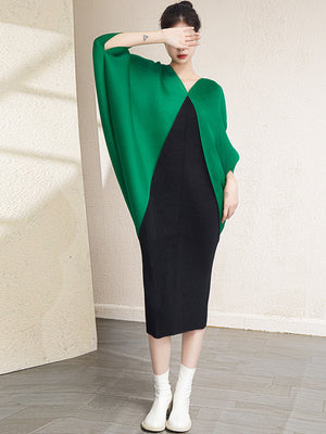 Momentlover Urban Batwing Sleeves Contrast Color Pleated V-Neck Midi Dresses