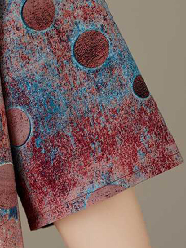 Momentlover Printed Polka-Dot Contrast Color Loose Half Sleeves Round-Neck Midi Dresses