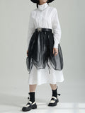 Momentlover Split-Joint Gauze Belted Long Sleeves Stand Collar Shirt Dress Midi Dresses