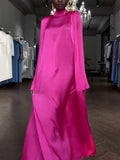 Momentlover Solid Color Loose Long Sleeves High-neck Maxi Dresses