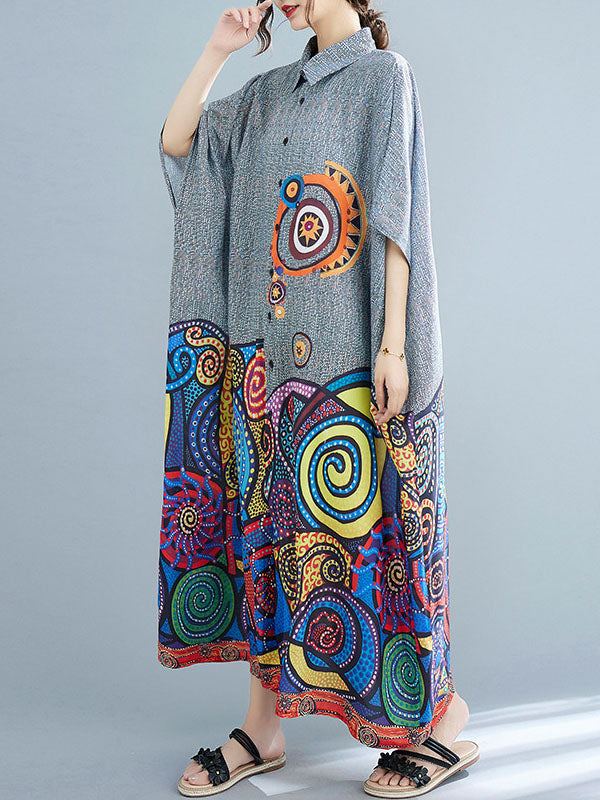 Momentlover Printed Loose Batwing Sleeves Lapel Midi Dresses
