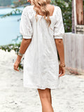 Momentlover Solid Color Jacquard Puff Sleeves Loose Square-neck Mini Dresses