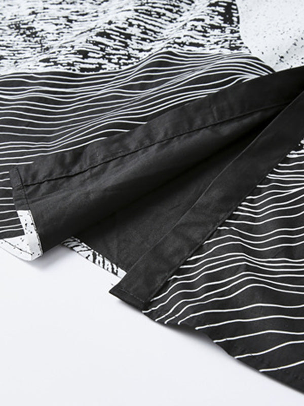 Momentlover Tied Waist Printed Drawstring Contrast Color Short Sleeves Loose Lapel Shirt Dress Midi Dresses