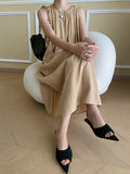 Momentlover Solid Color Pleated Sleeveless Loose Round-Neck Midi Dresses