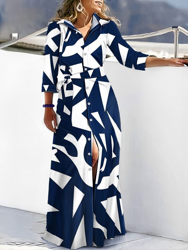 Momentlover Tied Waist Printed Buttoned Loose Long Sleeves V-neck Shirt Dress Maxi Dresses