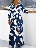 Momentlover Tied Waist Printed Buttoned Loose Long Sleeves V-neck Shirt Dress Maxi Dresses