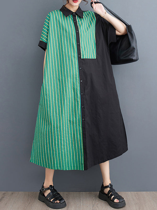 Momentlover Striped Split-Joint Asymmetric Short Sleeves Loose Lapel Shirt Dress Midi Dresses