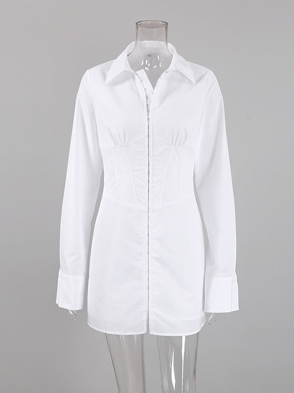 Momentlover Split-Front Solid Color Buckle Skinny Long Sleeves Lapel Mini Dresses