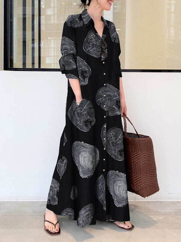 Momentlover Split-Joint Printed Loose Long Sleeves Lapel Shirt Dress Maxi Dresses
