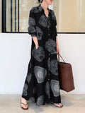 Momentlover Split-Joint Printed Loose Long Sleeves Lapel Shirt Dress Maxi Dresses