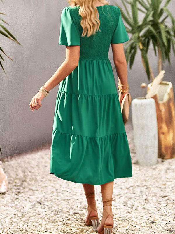 Momentlover Solid Color Elastics Short Sleeves Loose Round-neck Midi Dresses