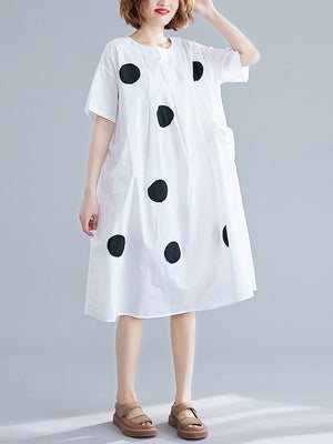 Momentlover Original Short Sleeves Loose Contrast Color Polka-Dot Round-Neck Midi Dresses