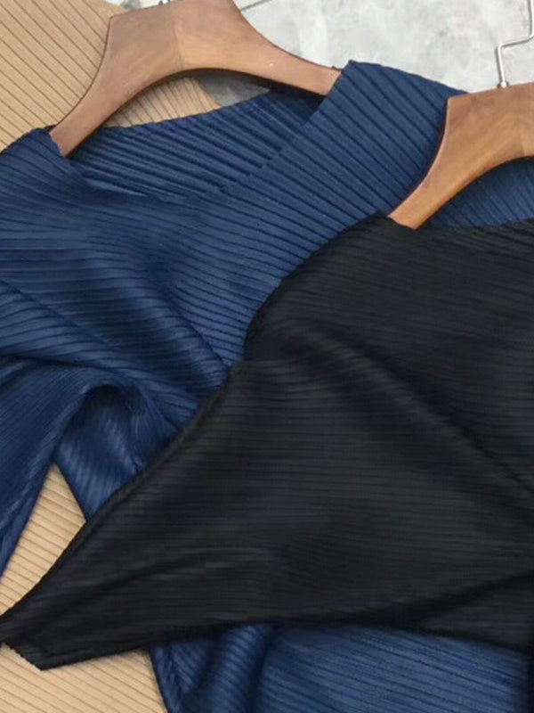 Momentlover Solid Color Pleated Loose Irregular Clipping Round-Neck Midi Dresses