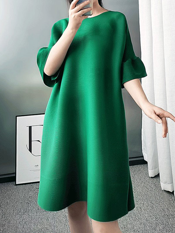 Momentlover Stylish Selection Flared Sleeves A-Line Pleated Solid Color Round-Neck Midi Dresses