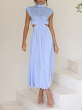 Momentlover Solid Color Pleated Belly-Hollow Cap Sleeve Stand Collar Maxi Dresses