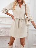 Momentlover Tied Waist Solid Color Jacquard Long Sleeves V-neck Mini Dresses