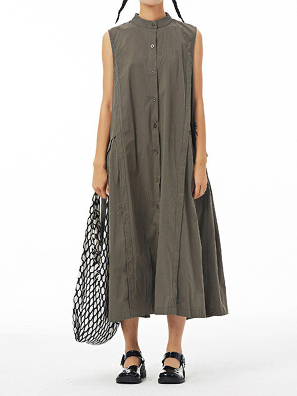 Momentlover Solid Color Pleated Sleeveless Loose Stand Collar Shirt Dress Midi Dresses