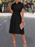 Momentlover Tied Waist Solid Color Buttoned Short Sleeves High Waisted Lapel Collar Shirt Dress Midi Dresses