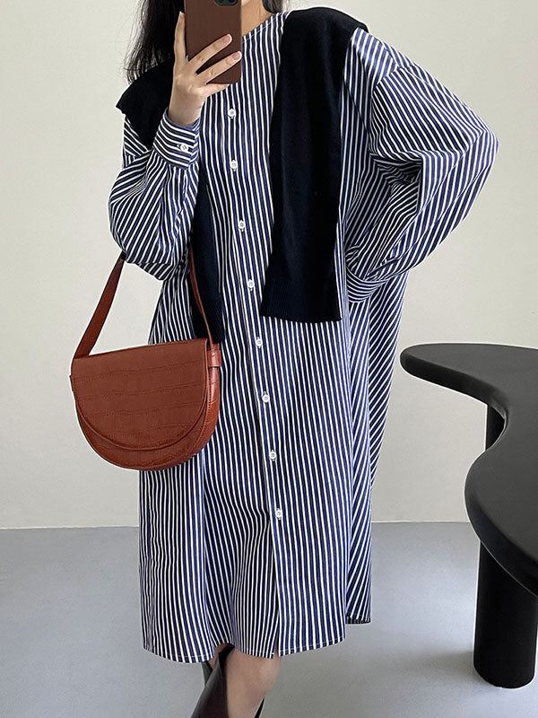 Momentlover Striped Raglan Sleeve Loose Round-Neck Shirt Dress Midi Dresses
