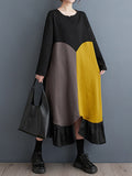 Momentlover Split-Joint Split-front Pleated Contrast Color Loose Long Sleeves Round-neck Midi Dresses